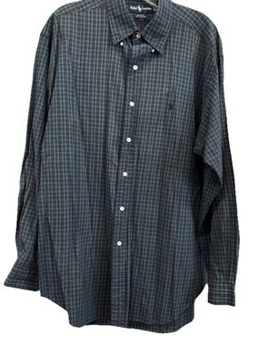 Vintage Ralph Lauren Blake Long Sleeve Shirt Green Blue Plaid Pony Sz. Large